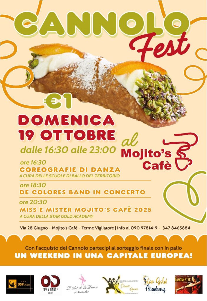 Cannolo-Fest-703x1024 Terme Vigliatore, arriva il “Cannolo Fest” al Mojito’s Café: gusto, musica e divertimento a solo 1 euro